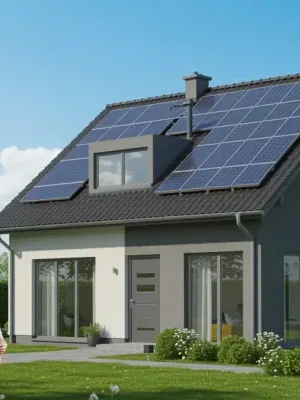 Modern home with solar panels, energy-efficient windows, and family reviewing energy savings on a tablet.