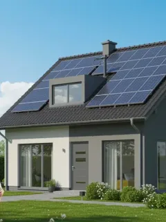 Modern home with solar panels, energy-efficient windows, and family reviewing energy savings on a tablet.