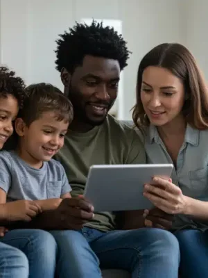 Happy family on couch, representing financial well-being from Child Tax Credit 2026