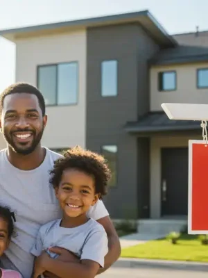 Happy family in front of their new home, symbolizing federal grants 2026 success.
