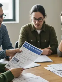 Group of diverse individuals reviewing disability benefit forms, highlighting the collaborative effort in understanding new policies.