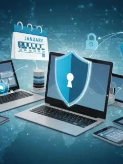 Shield icon over digital devices representing new federal privacy regulations for online consumers effective January 2026.