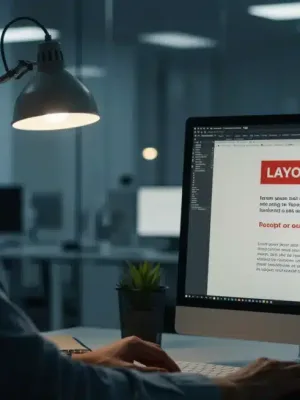 Person receiving layoff notice in a modern tech office setting.