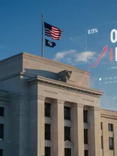 Federal Reserve building with rising interest rate chart overlay