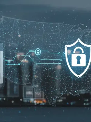 Digital shield protecting data flow, representing US Cybersecurity Mandates 2026 implementation.