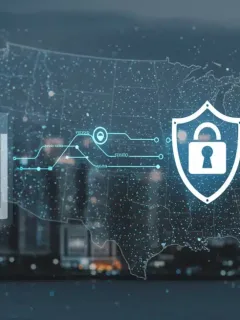 Digital shield protecting data flow, representing US Cybersecurity Mandates 2026 implementation.