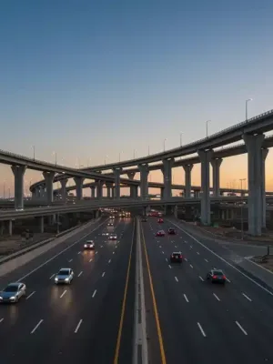 Modern highway infrastructure with multiple lanes and bridges, symbolizing progress and connectivity.