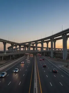 Modern highway infrastructure with multiple lanes and bridges, symbolizing progress and connectivity.