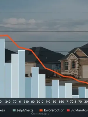 Graph illustrating a 5% price correction in the US housing market over the past six months, with homes in the background.