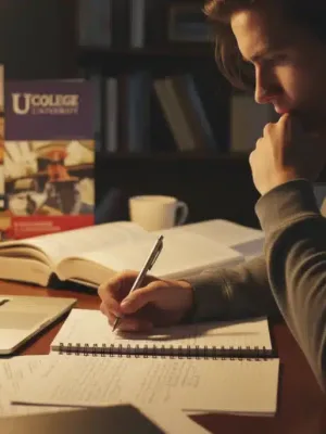 Student writing college application essay, focused and determined