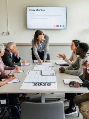Diverse individuals reviewing Disability Benefits Updates 2026 documents with a counselor.