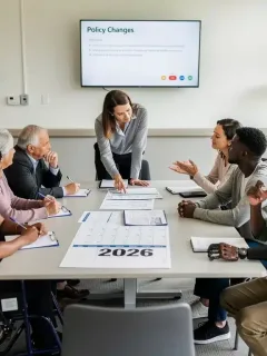 Diverse individuals reviewing Disability Benefits Updates 2026 documents with a counselor.