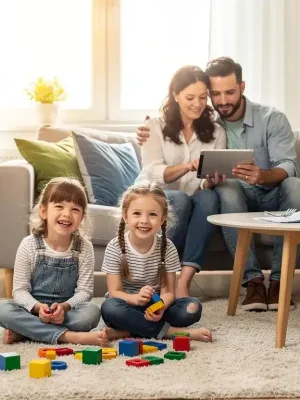 Parents reviewing finances with happy children, symbolizing Child Care Tax Credits 2026 savings.