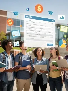 Students reviewing FAFSA forms with a university background, symbolizing the impact of financial aid changes on higher education.