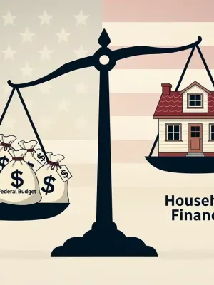 Federal budget impacting U.S. household finances, balance scale money house
