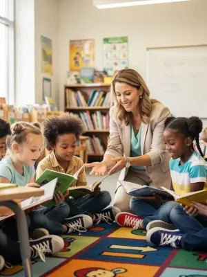 Diverse K-12 students reading together in a bright classroom, actively engaged with books and learning.