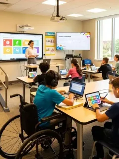 Students with diverse abilities learning in an accessible, modern classroom environment.