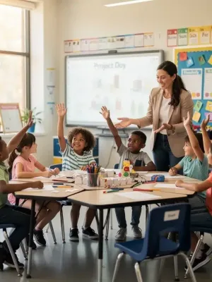 Engaged students in a modern US classroom collaborating on a project