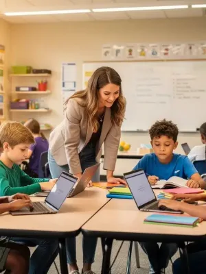 Students engaging with technology and traditional learning materials in a modern US classroom, highlighting efforts to bridge the digital divide.