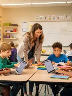 Students engaging with technology and traditional learning materials in a modern US classroom, highlighting efforts to bridge the digital divide.