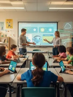 Students and teacher interacting with AI learning tools in a modern US classroom.