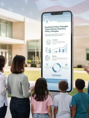 Parents and children reviewing a digital infographic about upcoming US education policy changes for 2026.
