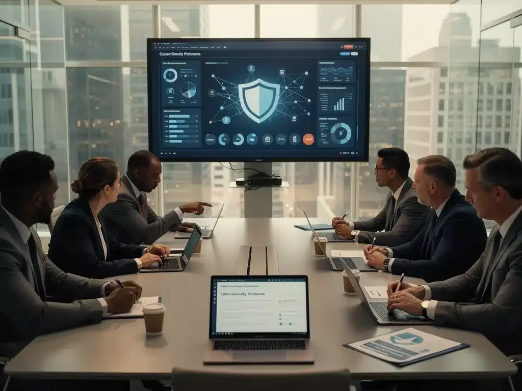 Business team collaborating on cybersecurity compliance strategies.