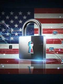 Digital padlock over a network representing federal cybersecurity mandates for US businesses.