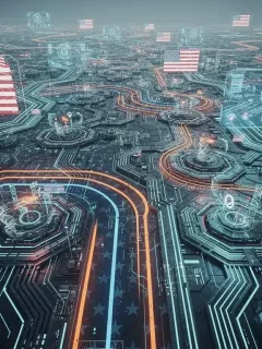 Futuristic digital landscape representing US tech policy changes in 2026