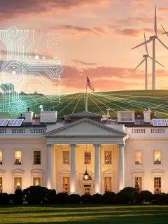 White House with renewable energy symbols, representing the 2026 National Energy Strategy.