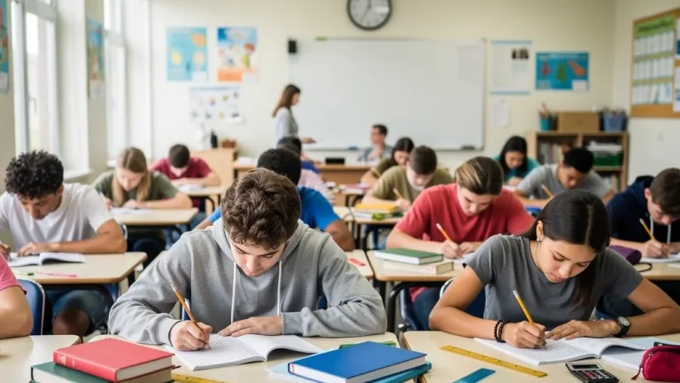 Students taking SAT ACT standardized tests in a modern classroom setting.