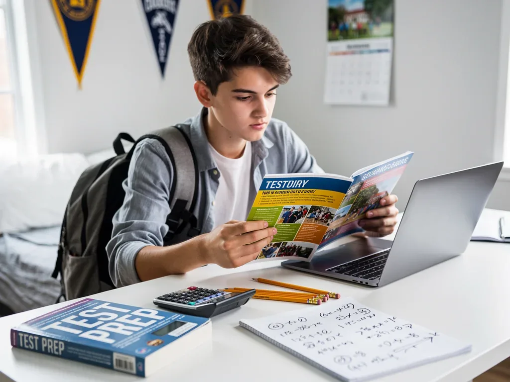 High school student considering college applications with test prep materials.