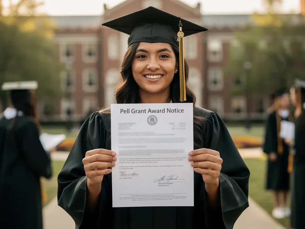 Student holding a Pell Grant award notification, symbolizing financial aid impact