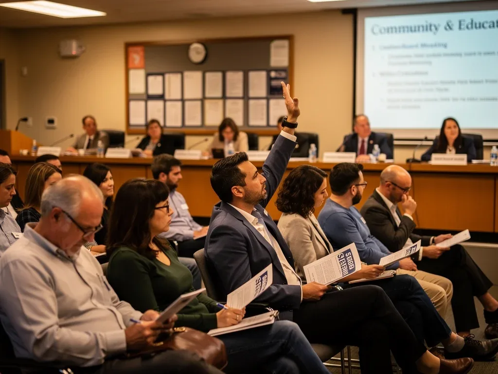 Engaged parents at a school board meeting discussing education funding.