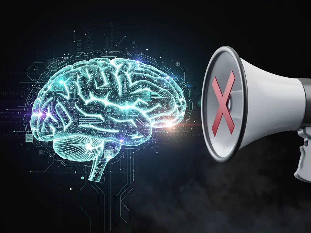 AI brain structure with silenced megaphone against scams