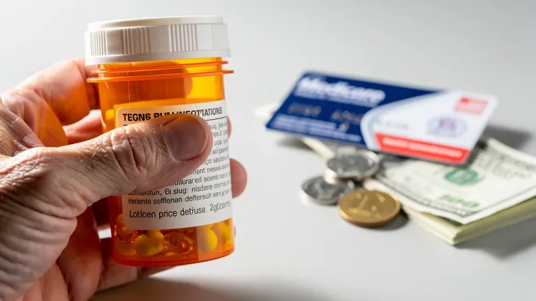 Medicare card next to prescription pills, representing drug price negotiation