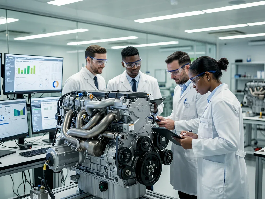 Engineers inspecting heavy-duty vehicle engine for emissions compliance