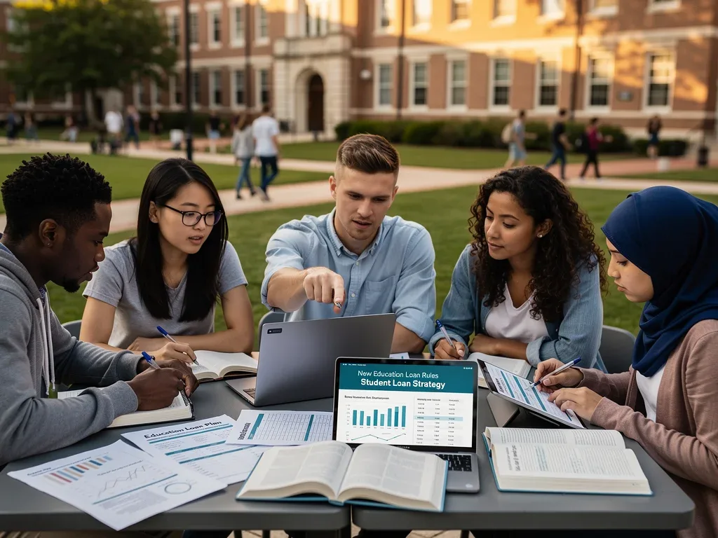 College students discussing new education loan fee regulations