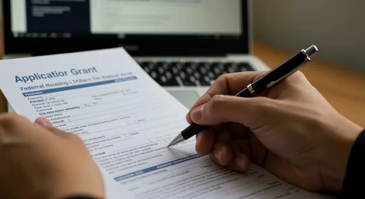 Filling out federal grant application form for first-time homebuyer assistance.