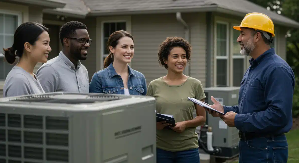 Homeowners and contractor discussing energy-efficient HVAC installation.