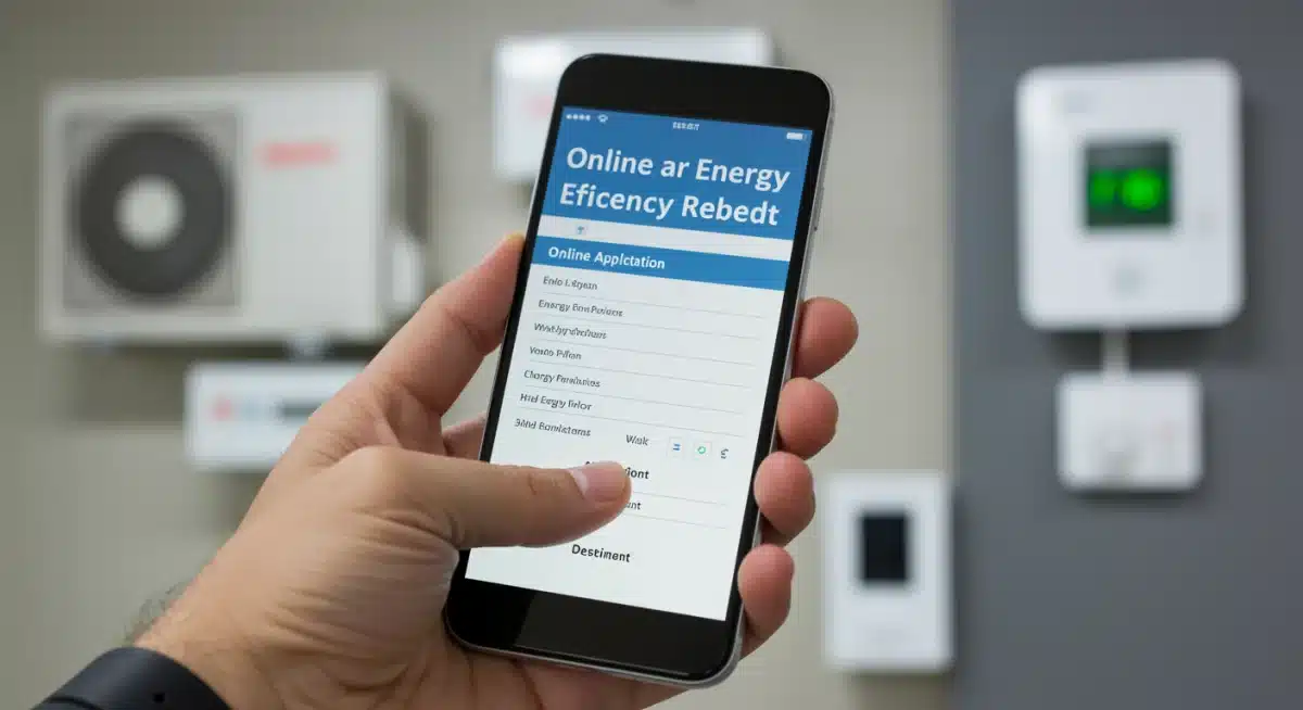 Person applying for federal energy rebates US on a smartphone, with energy-efficient appliances in background.
