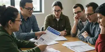 Group of diverse individuals reviewing disability benefit forms, highlighting the collaborative effort in understanding new policies.