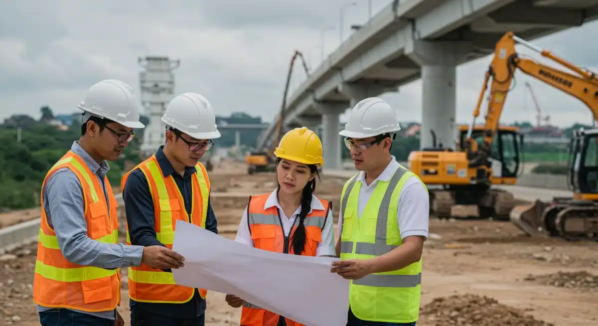 Construction workers reviewing blueprints on a bridge construction site.