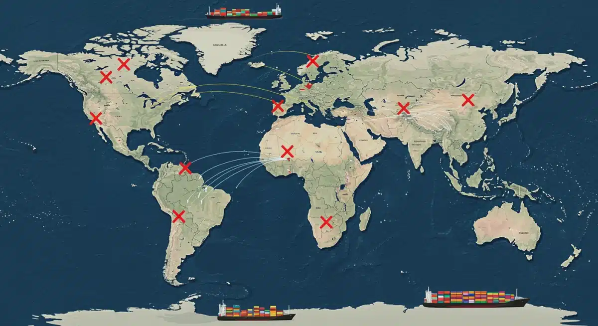 Global shipping routes with red marks indicating delays and blockages