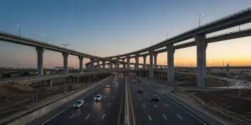 Modern highway infrastructure with multiple lanes and bridges, symbolizing progress and connectivity.