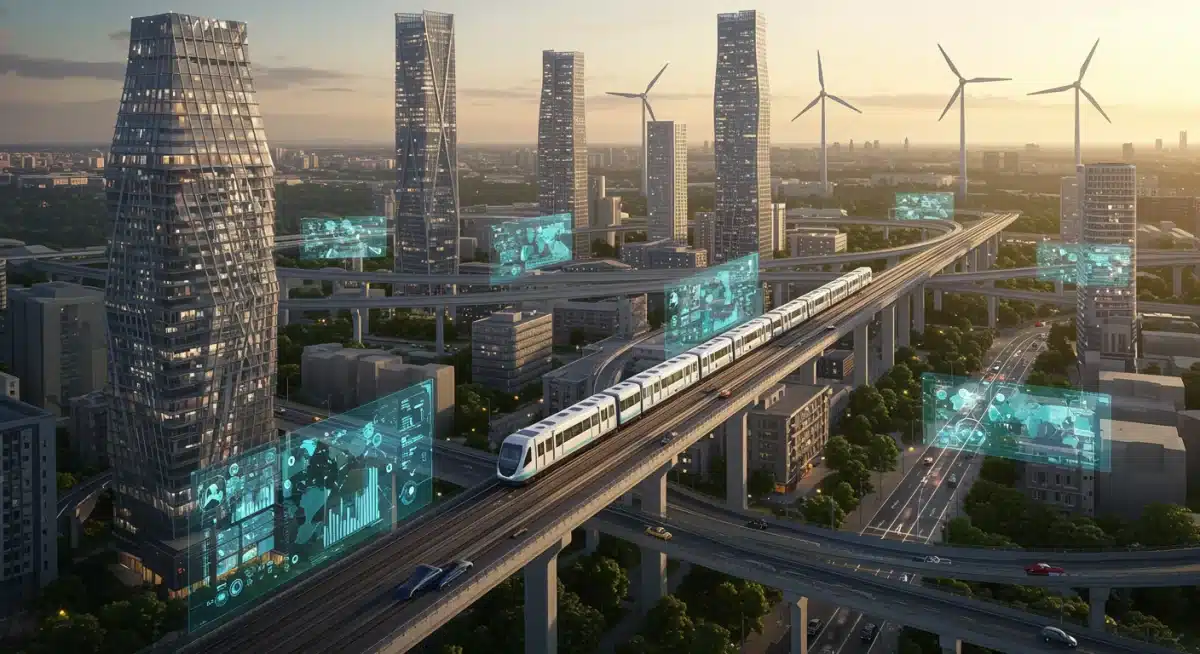 Conceptual image of a smart city with integrated public transport and green energy.