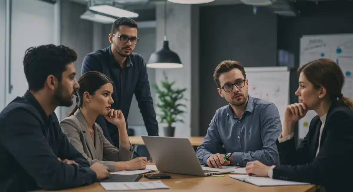 Tech professionals discussing job market trends in a co-working space.