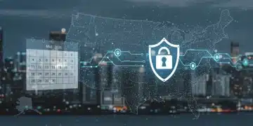 Digital shield protecting data flow, representing US Cybersecurity Mandates 2026 implementation.