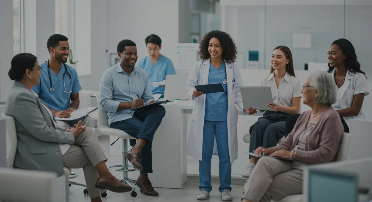 Patients and healthcare providers discussing new treatment options in a clinic, representing the impact of FDA breakthrough medications.