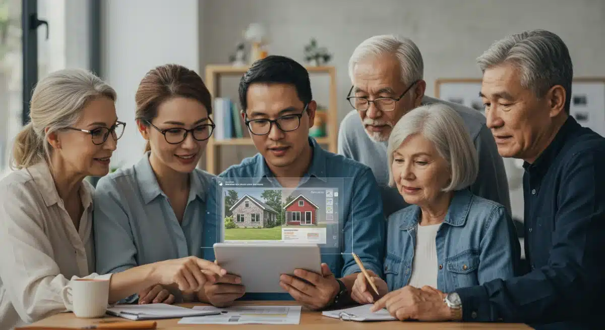 Diverse group of people reviewing real estate listings on a tablet, representing buyer and seller demographics.